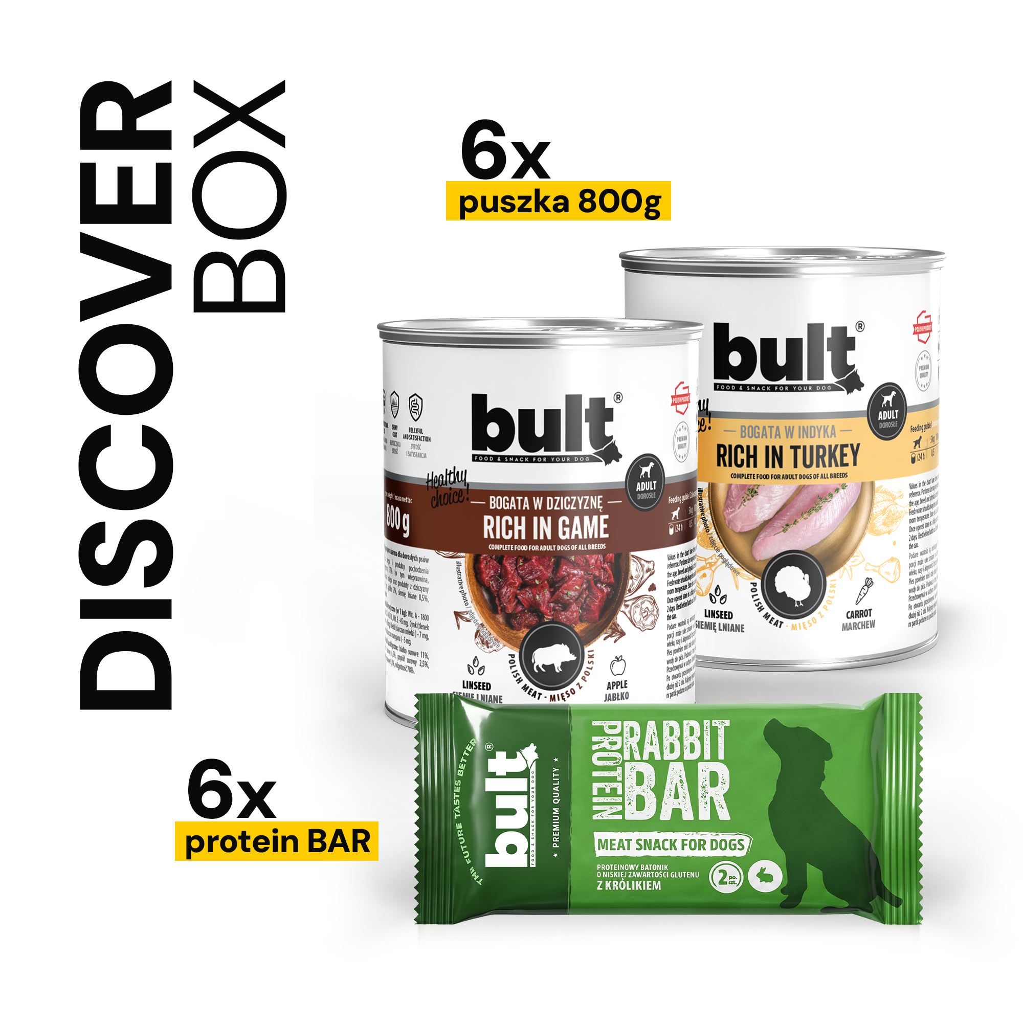 BULT Discover Box puszka 6 x 800g wołowina, jagnięcina, dorsz, dziczyzna, indyk, kaczka + 6 x protein bar mix
