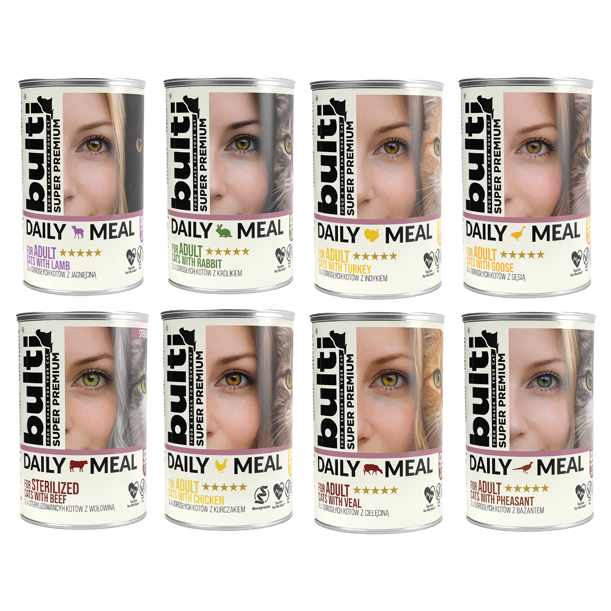 BULTI Daily Meal mokré krmivo pro dospělé kočky, mix příchutí, konzervy 12 × 400 g