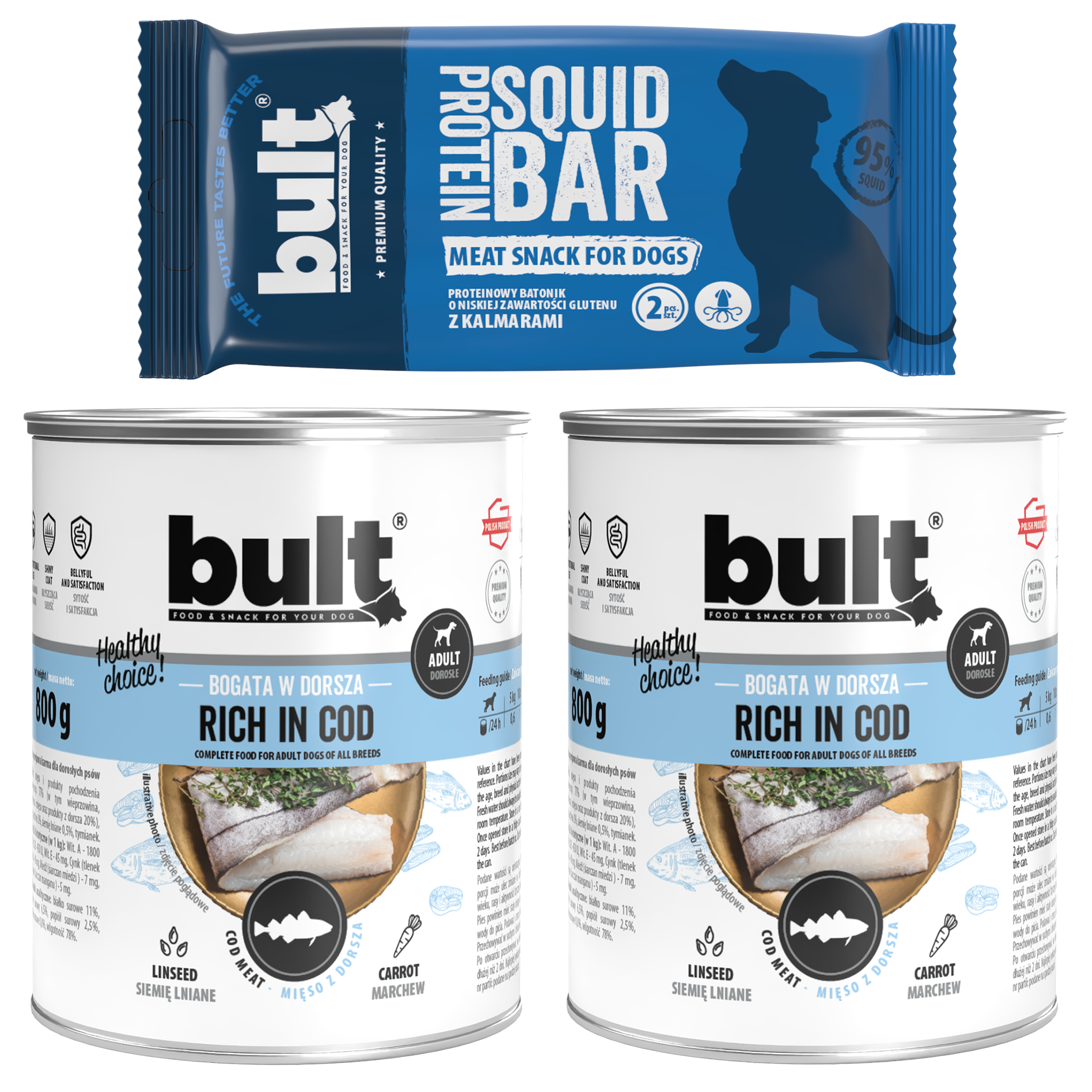 BULT Starter Box 1× proteinová tyčinka Kalmary 75g + 2× treska v konzervě 800g