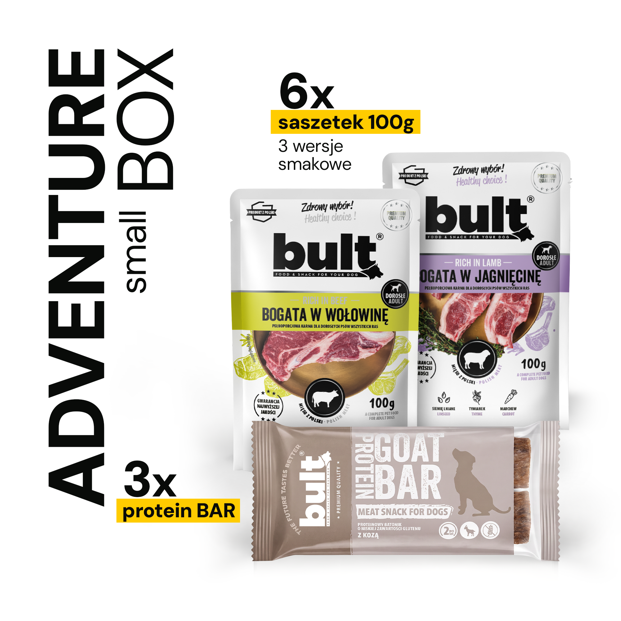 BULT adventure Small Box saszetka 6 x 100g indyk, dziczyzna, dorsz + protein bar mix