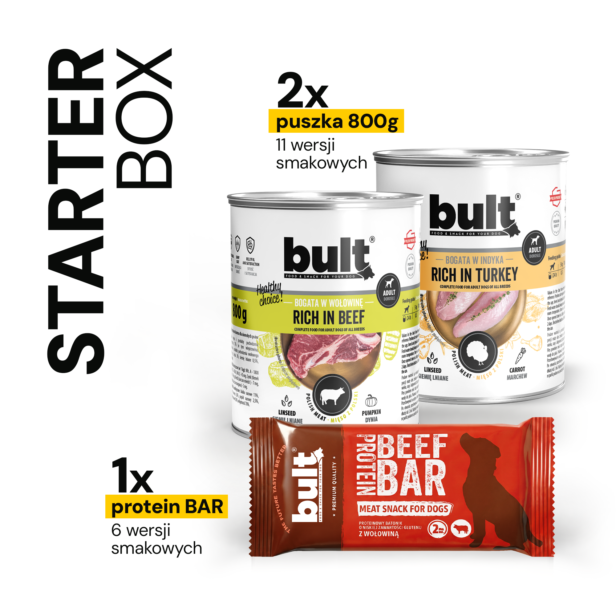 BULT Starter Box puszka 2 x 800 g wołowina, jagnięcina + protein bar