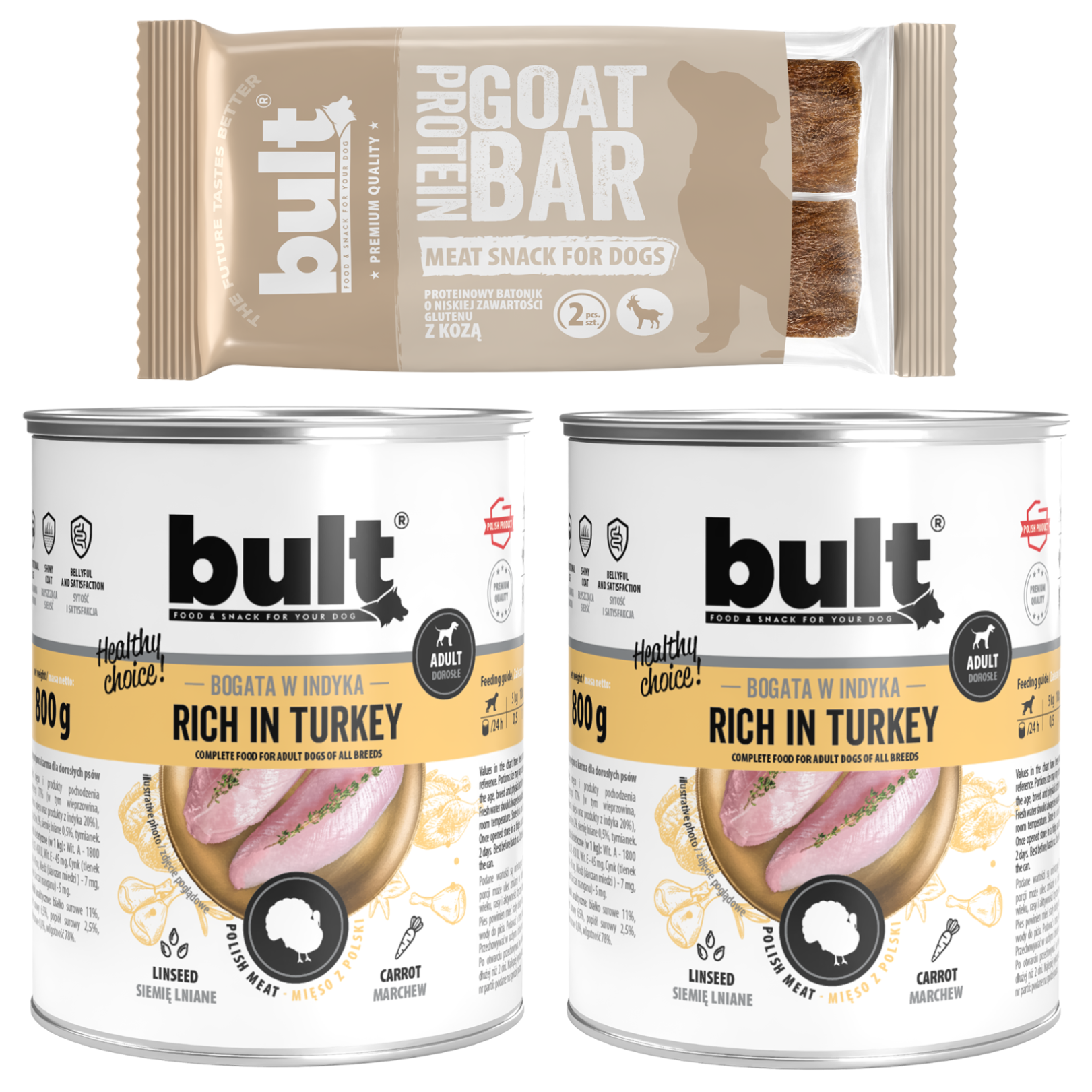 BULT Startovací box 1× proteinová tyčinka Koza 75 g + 2× krůta v konzervě 800 g