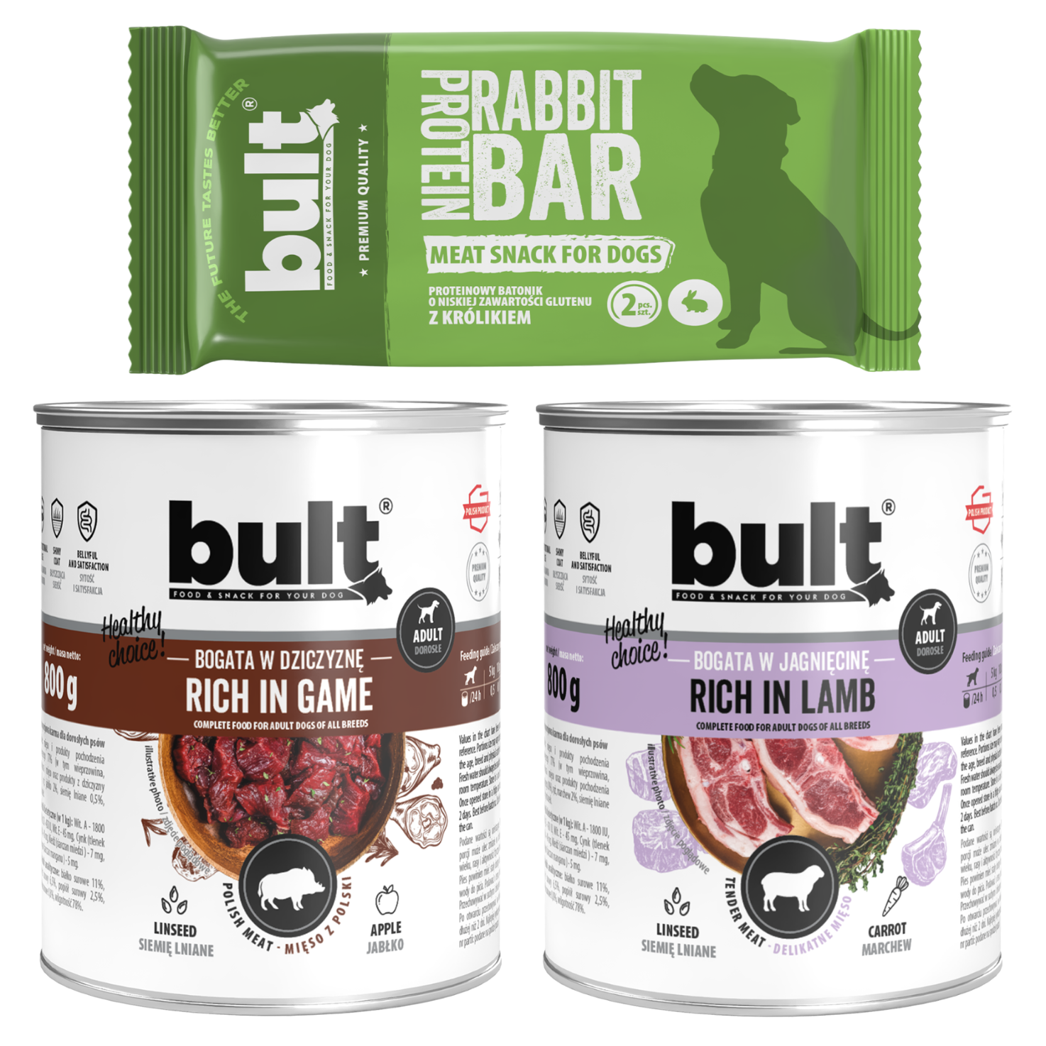 BULT Startovací box lesní 1× proteinová tyčinka 75 g + 2× plechovka 800 g