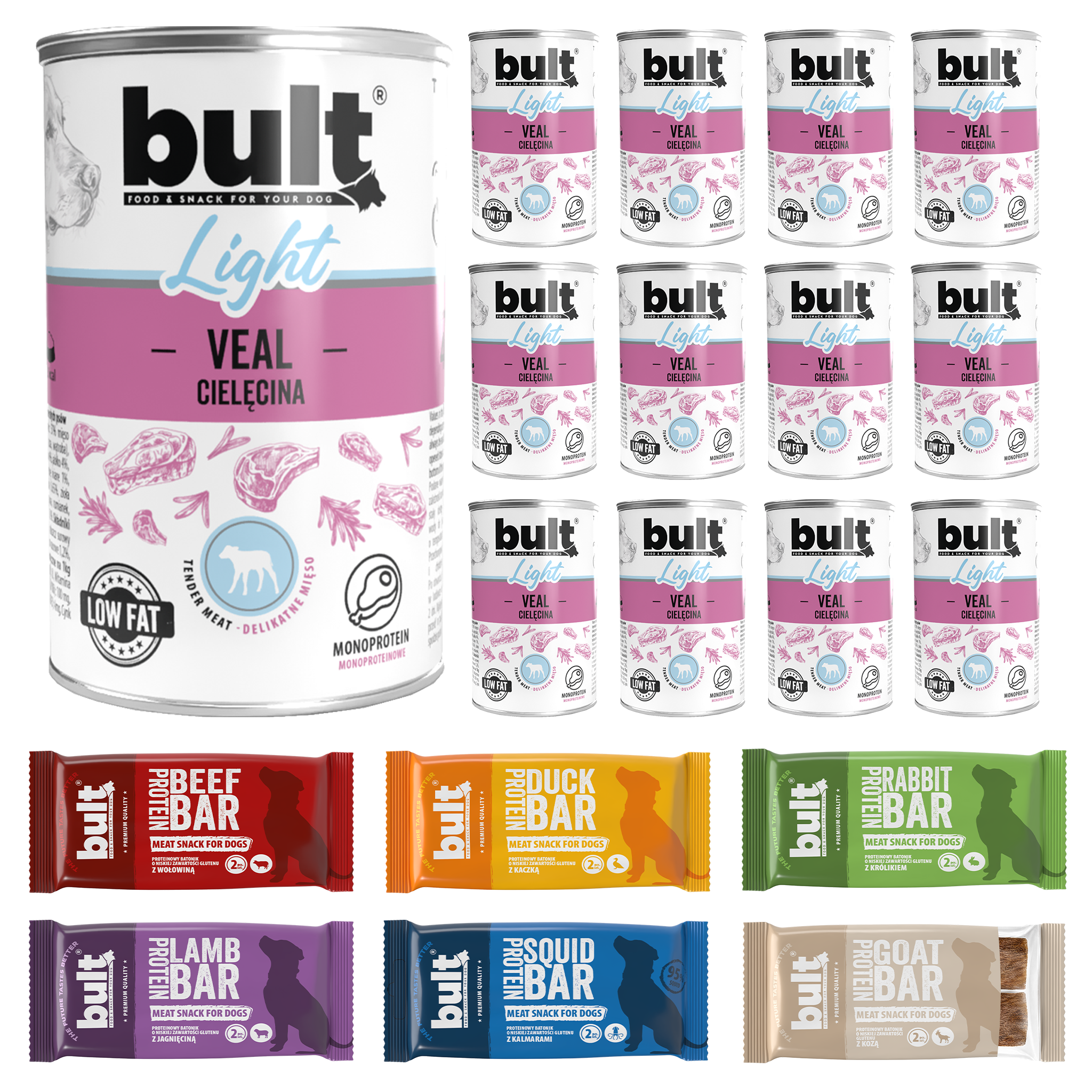 BULT Daily Box 12x LIGHT puszka Cielęcina 400g + 6x Protein Bar Mix Smaków 75g
