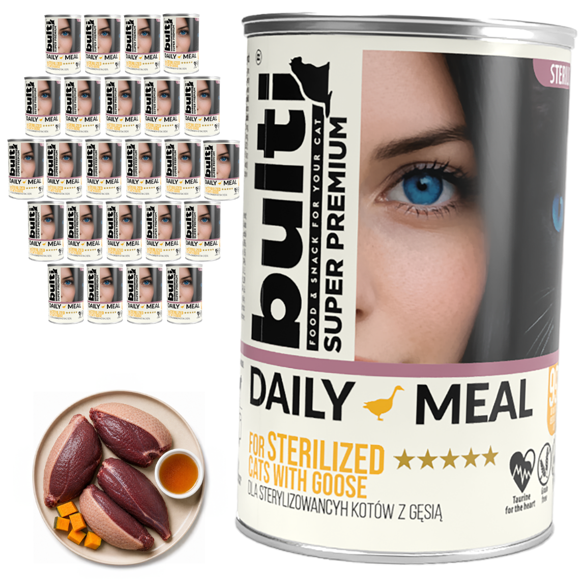 BULTI Daily Meal sterilizované mokré krmivo pro kočky s kuřetem a husou, 24 × 400 g v plechovce