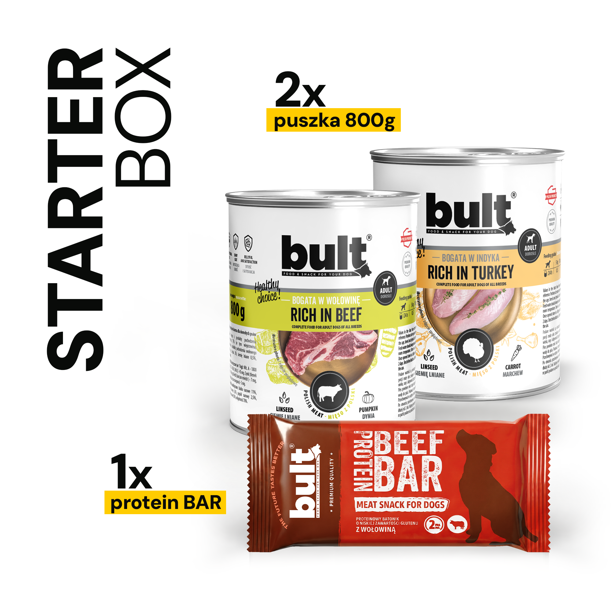 BULT Starter Box puszka 2 x 800 g dorsz, dziczyzna + protein bar