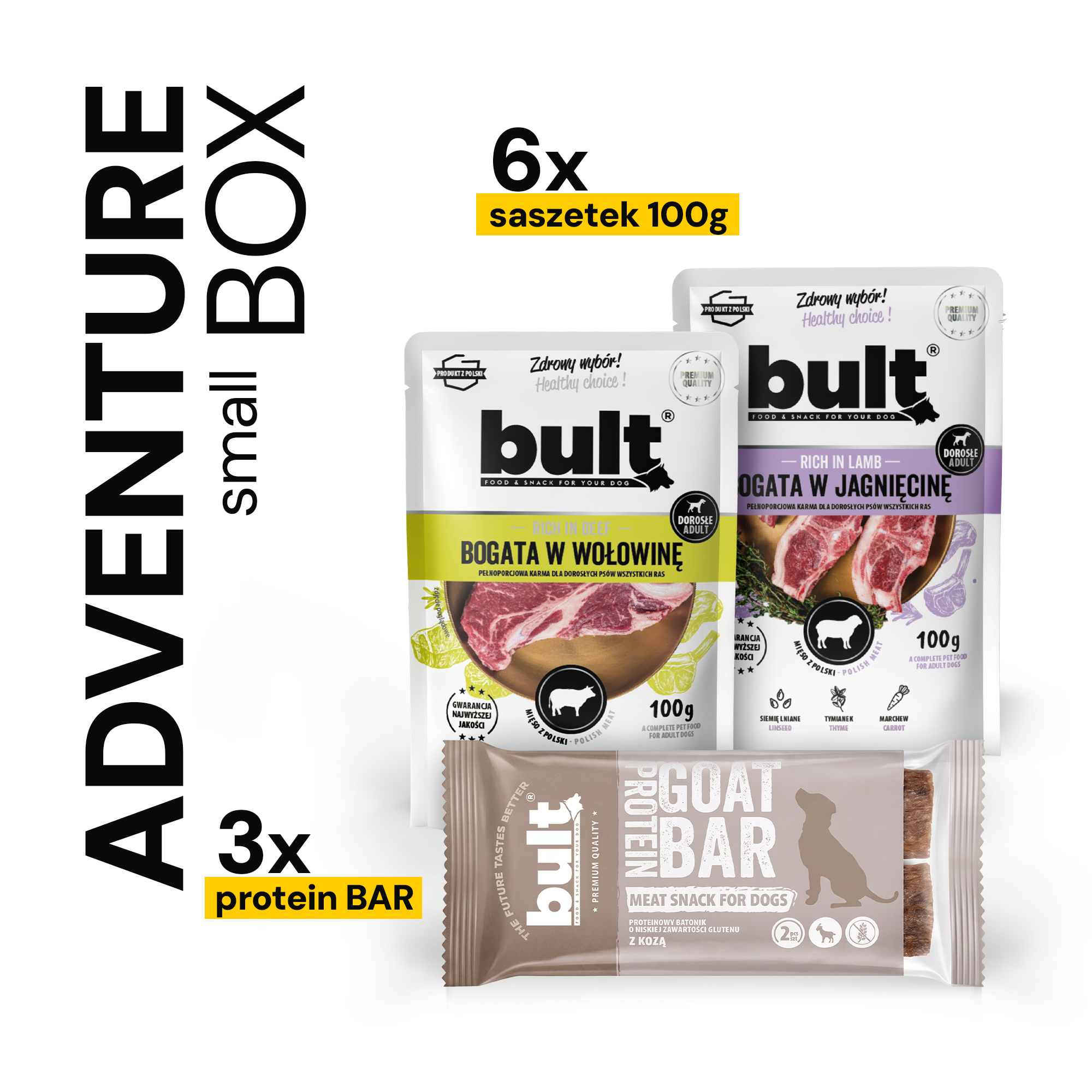 BULT adventure Small Box saszetka 6 x 100g dziczyzna, wołowina, indyk +protein bar mix