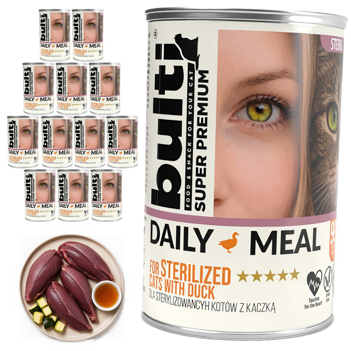 BULTI Daily Meal sterilizované mokré krmivo pro kočky s kachnou a kuřetem, 12 plechovek × 400 g