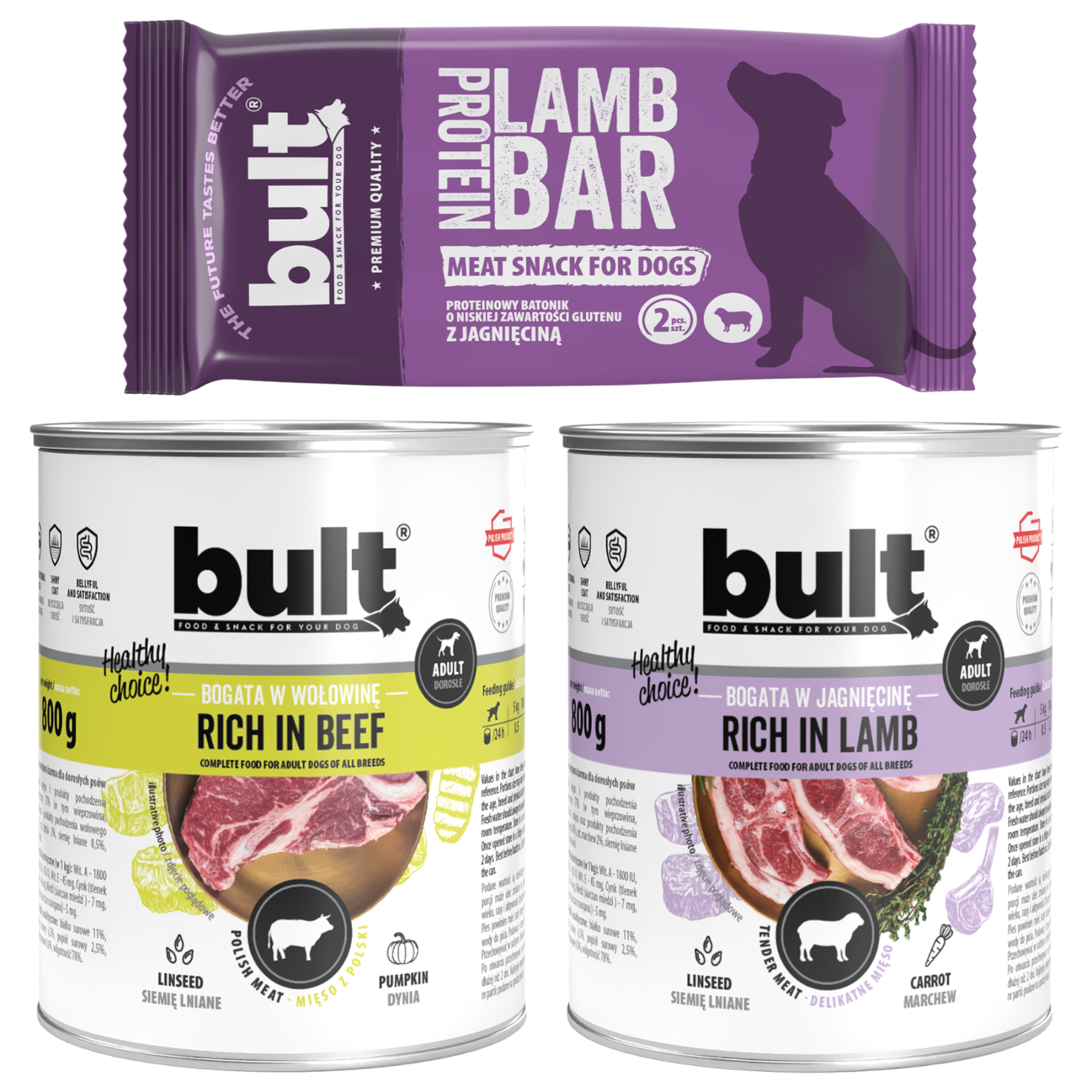 BULT Starter Box mięsny 1x Protein Bar 75g + 2x puszka 800g