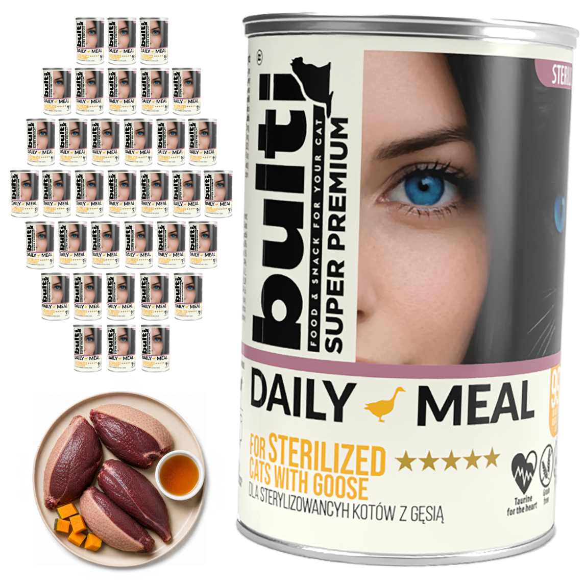 BULTI Daily Meal sterilizované mokré krmivo pro kočky s kuřetem a husou, konzerva 36 × 400 g
