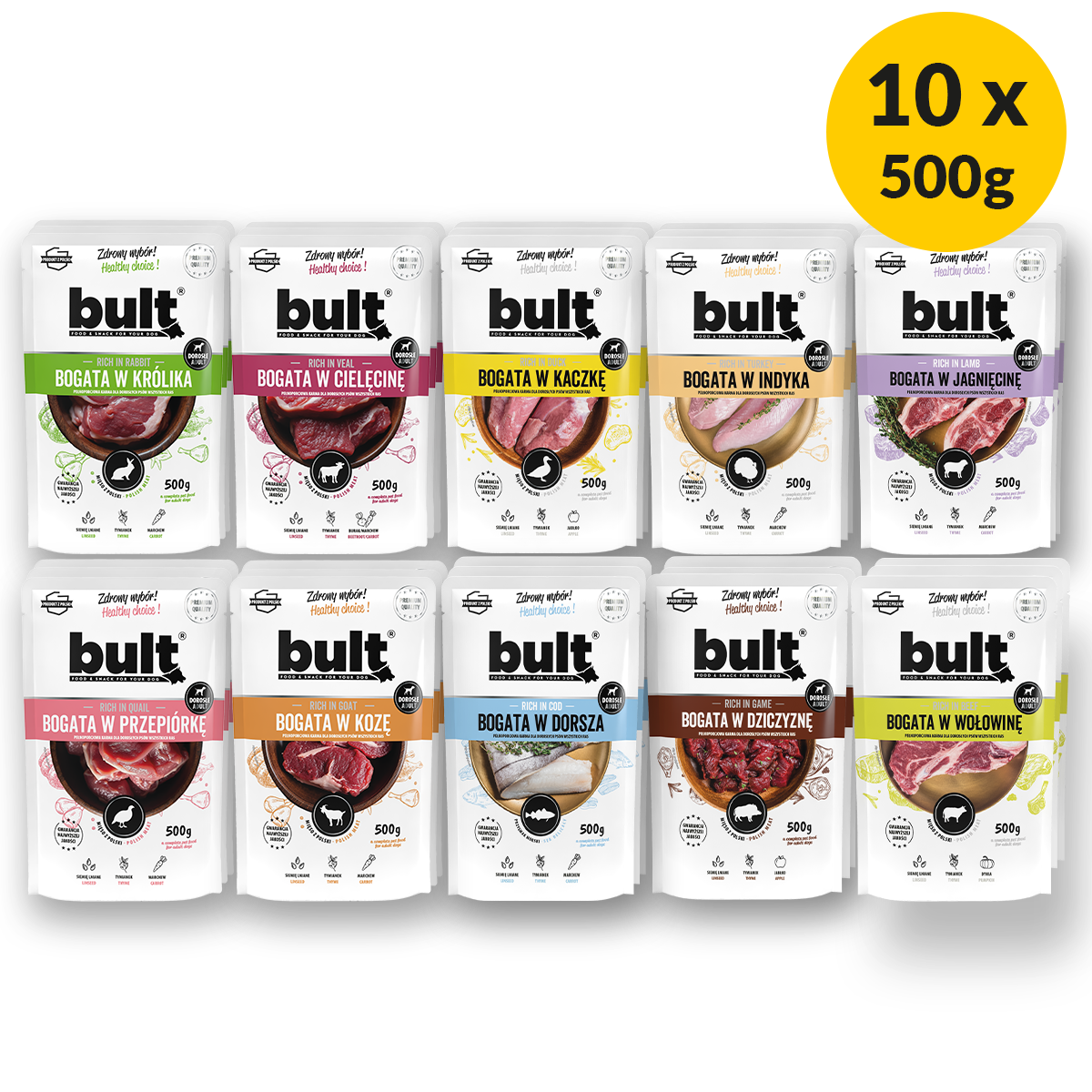 BULT mokrá karma pro psa mix příchutí, sáček 10 x 500 g