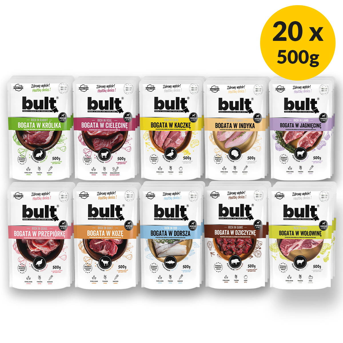 BULT mokrá karma pro psa mix příchutí, sáček 20 x 500 g