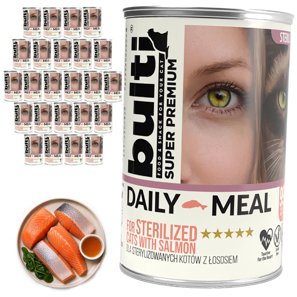 BULTI Daily Meal sterilizované mokré krmivo pro kočky s lososem a kuřetem, konzerva 12 × 400 g