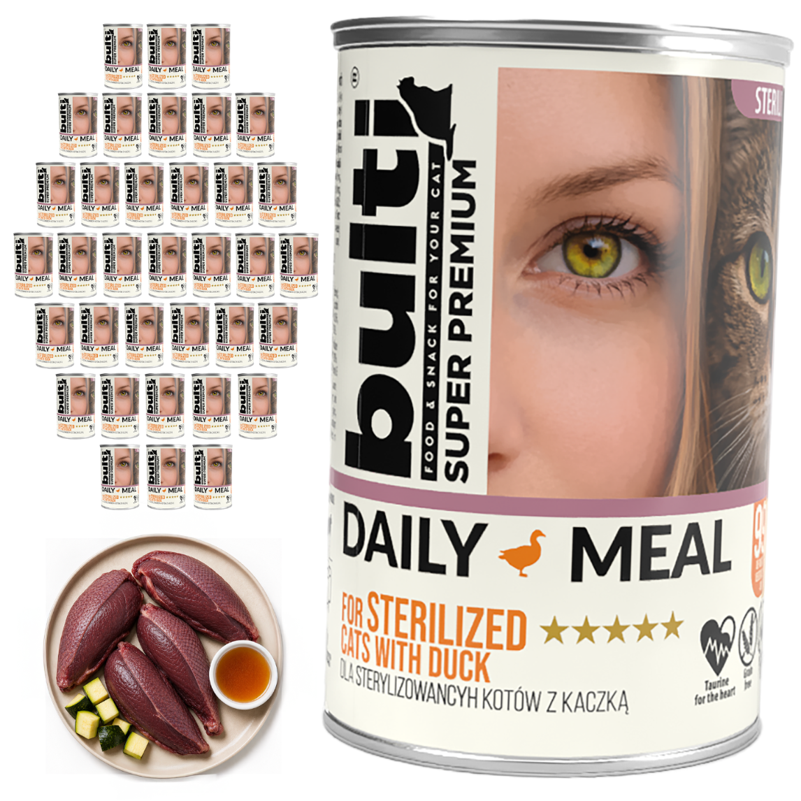 BULTI Daily Meal sterilizované mokré krmivo pro kočky s kachnou a kuřetem, konzerva 36 × 400 g