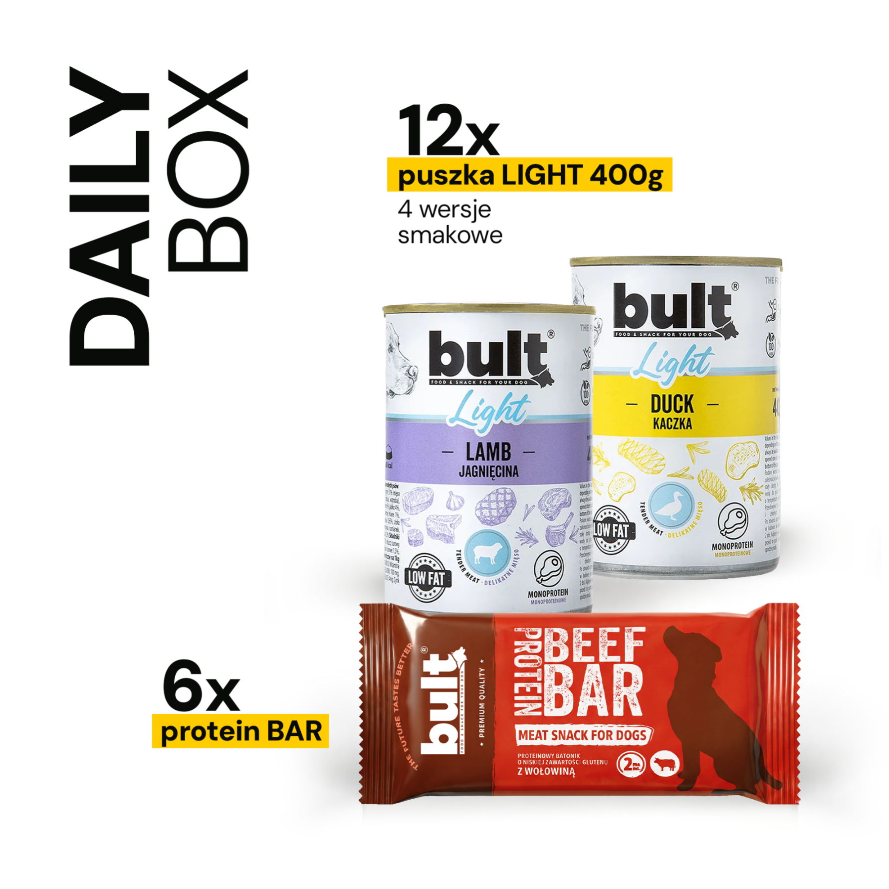 BULT LIGHT Daily Box conservă 12 x 400 g rață, curcan, miel, vițel + 6 x baton proteic