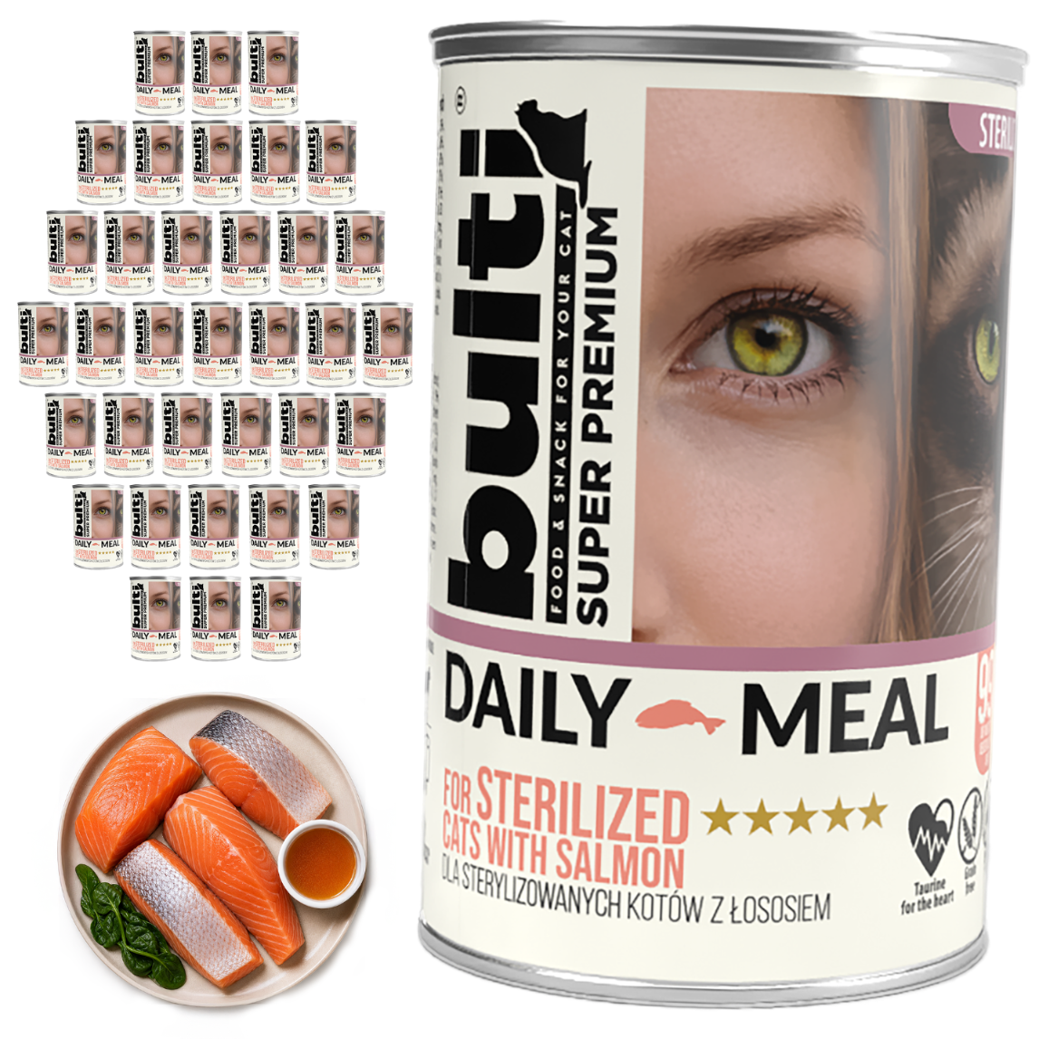 BULTI Daily Meal Sterilized mokra karma dla kota łosoś z kurczakiem, puszka 36 x 400g