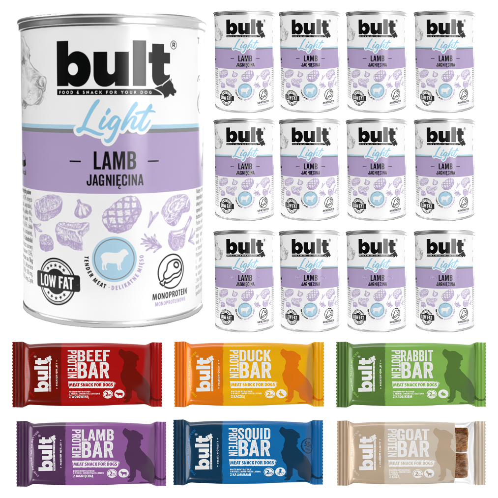 BULT Daily Box 12x LIGHT Jagnięcina puszka 400g + 6x Protein Bar Mix Smaków 75g