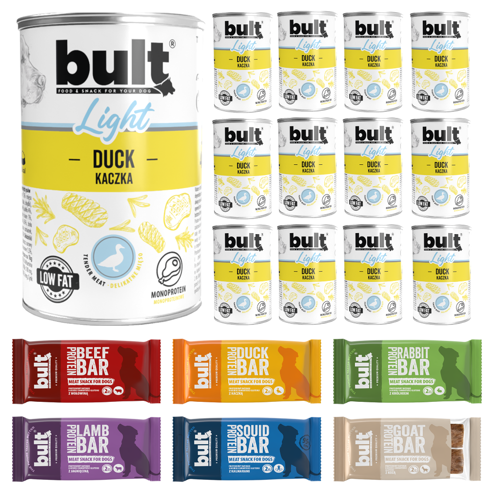 BULT Daily Box 12× LIGHT Kachna konzerva 400 g + 6× Protein Bar Mix příchutí 75 g