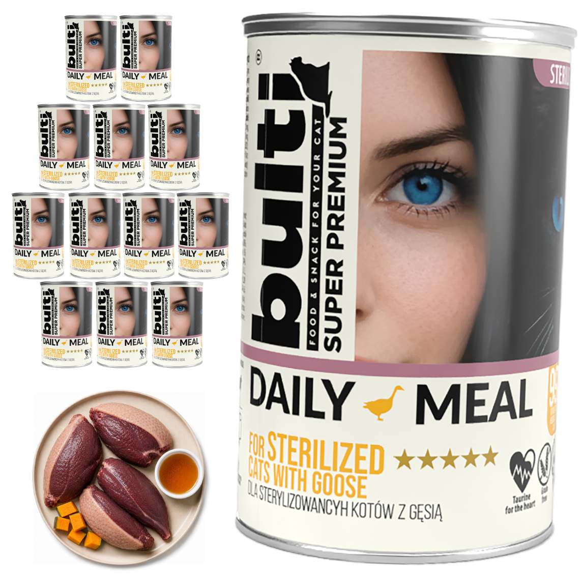 BULTI Daily Meal sterilizované mokré krmivo pro kočky s kuřetem a husou, konzerva 12 × 400 g
