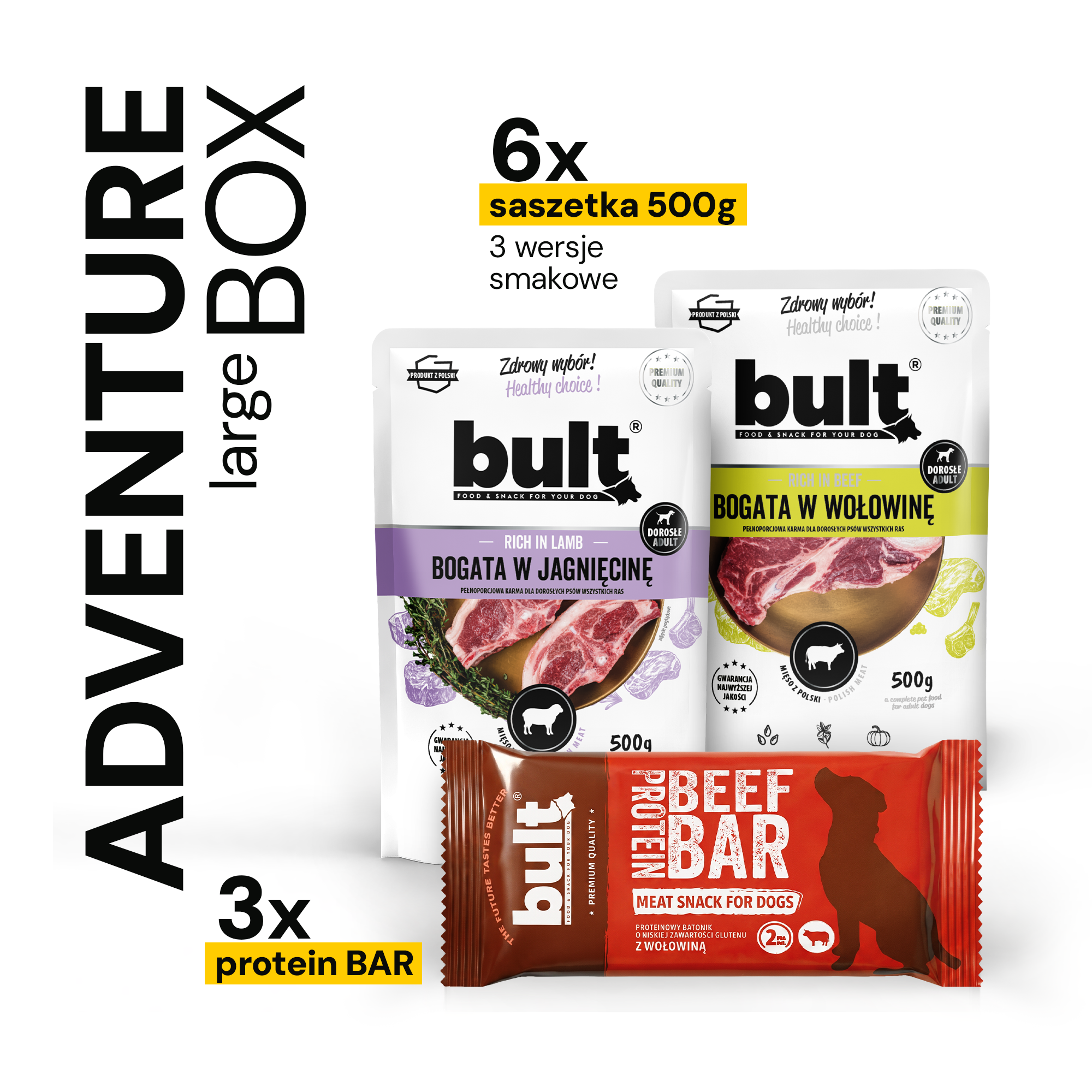 BULT adventure Box Large 6x saszetka 500g królik, koza, przepiórka +protein bar mix