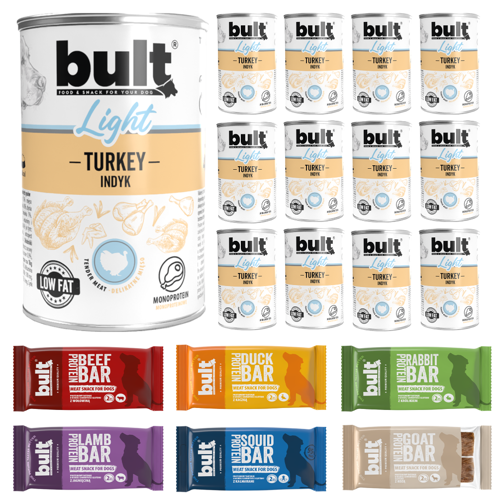 BULT Daily Box 12x LIGHT Indyk puszka 400g + 6x Protein Bar Mix Smaków 75g