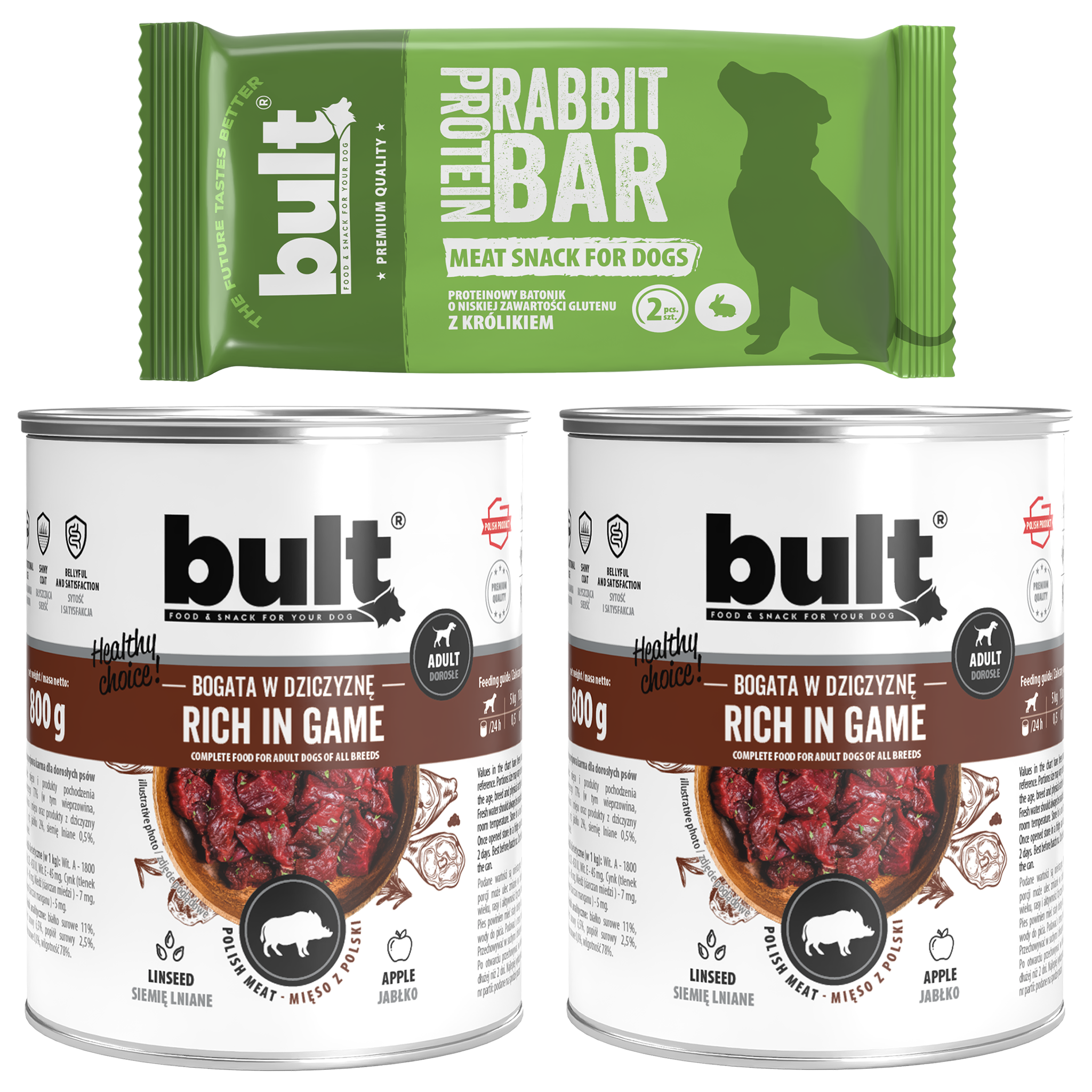 BULT startovací box 1× proteinová tyčinka Králík 75 g + 2× zvěřina v konzervě 800 g