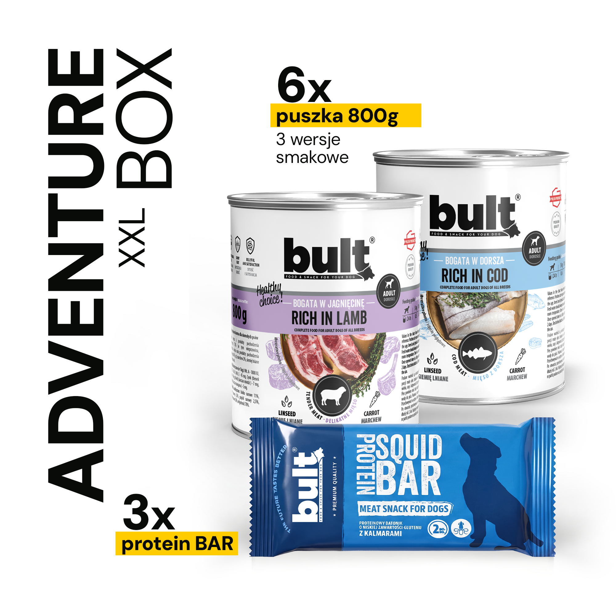 BULT Adventure Box XXL cutie 6 x 800 g vită, miel, rață + 3 x baton proteic