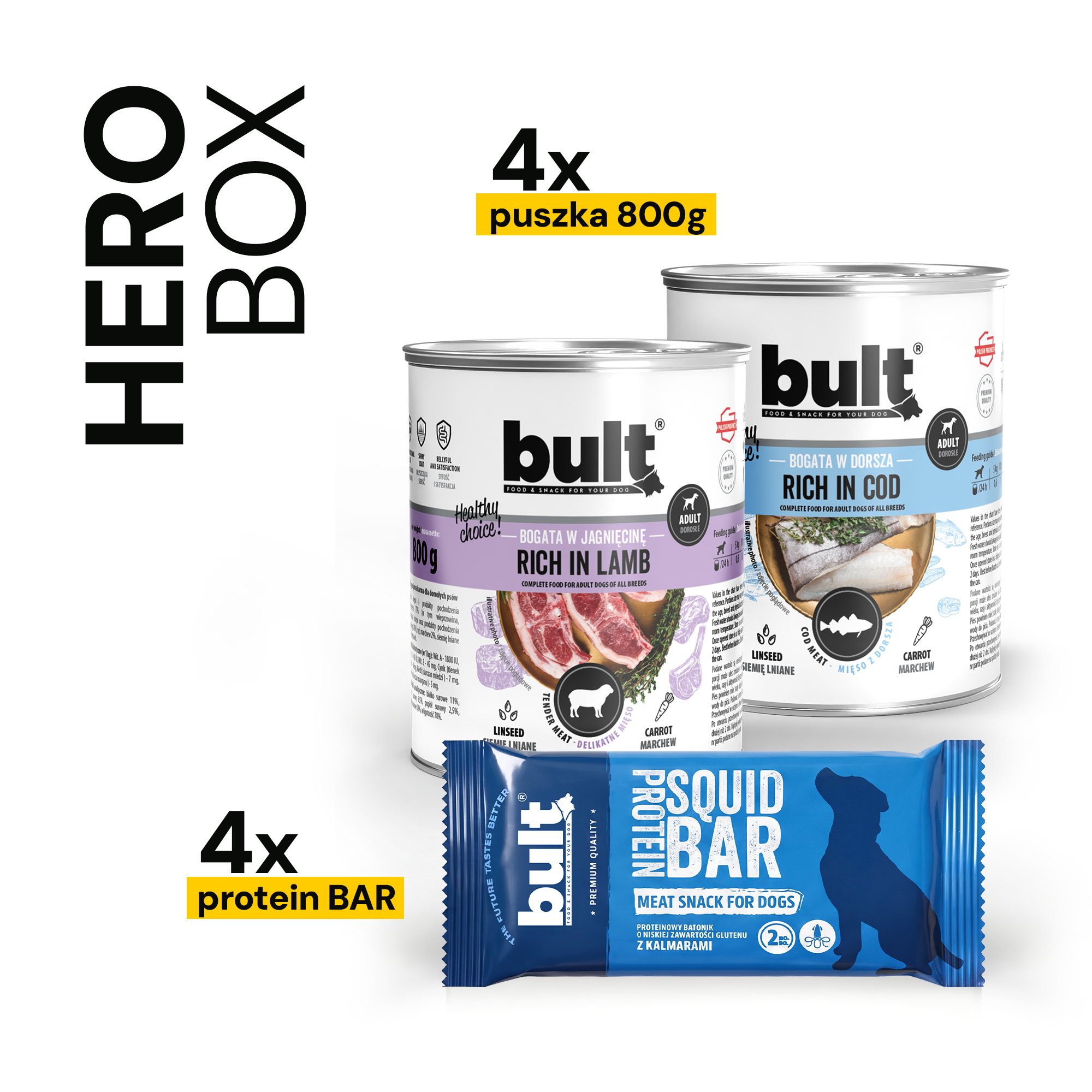 BULT Hero Box puszka 4 x 800g kaczka, indyk, dorsz, dziczyzna + 4 x protein bar mix